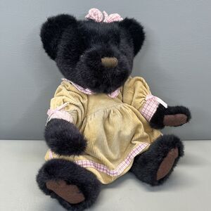 SKM Enterprises Black Teddy Bear Beige Corduroy Dress Plush Stuffed Toy Vintage